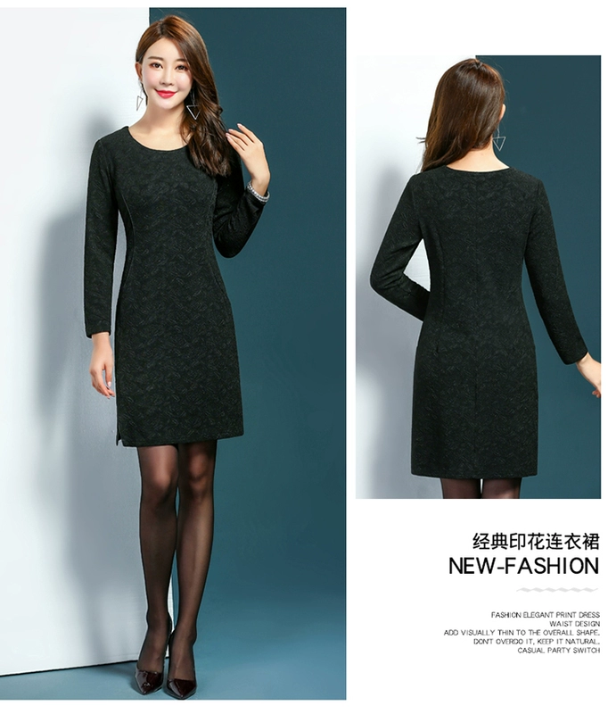 Phụ nữ trung niên mùa thu đông mới đầm dài tay thời trang size lớn cho mẹ tải phiên bản Hàn Quốc của váy dài thon đầm xòe tuổi trung niên