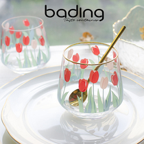 Japanese and Korean grid INS crystal glass tulip flower water Cup heat-resistant slim breakfast afternoon tea drink wine glass