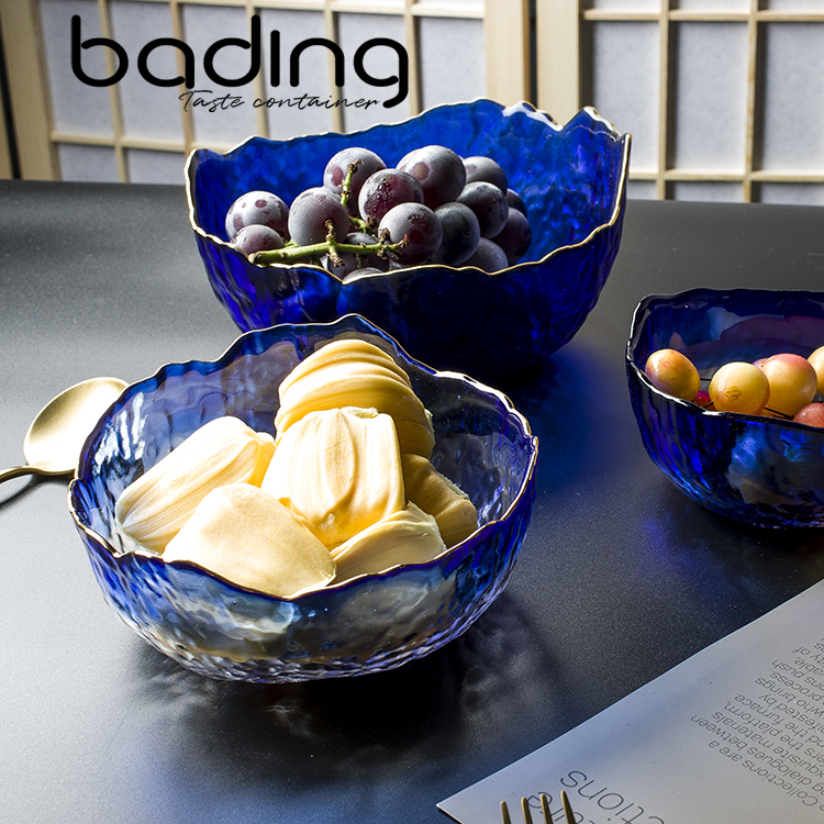 Japanese-Style Trendy ins Blue Cool-Toned Glass Hammered Texture Salad Bowl, Tea Bowl, Fruit Plate, Snack Bowl, Household Kitchen Egg-Beating Bowl