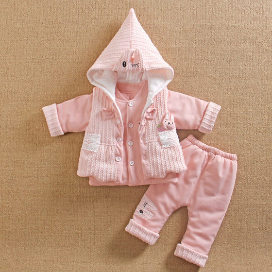 Baby clothes for girls aged 0 to 1 and a half years old, separate thin cotton-padded clothes for outings, spring and autumn female baby clothes, three-piece suit for outdoor wear in season