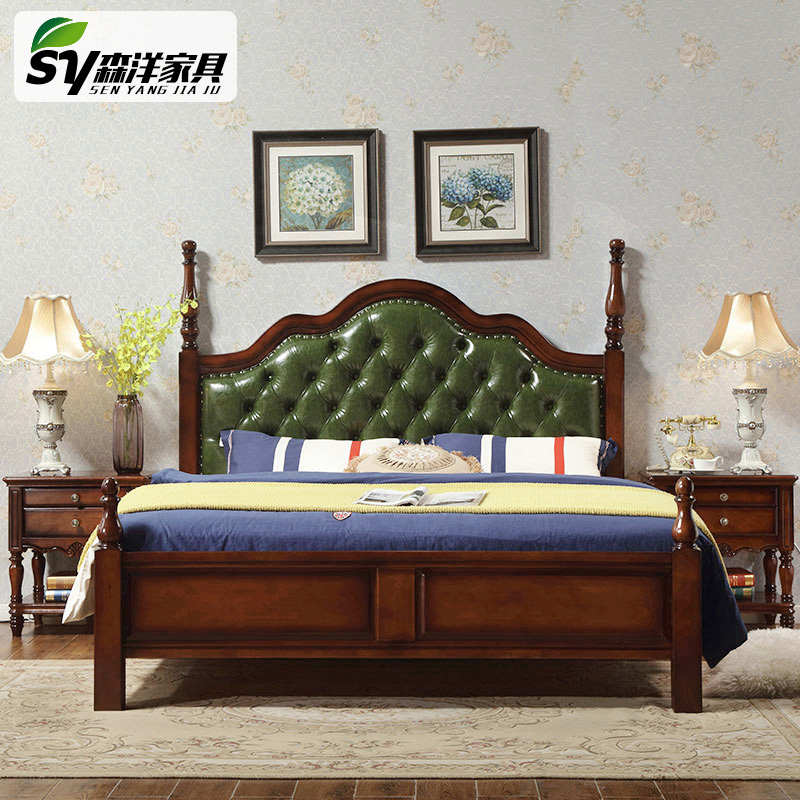 1 5 meters American country bedside sold separately green leather soft back bag double storage parents elderly parents solid wood bed