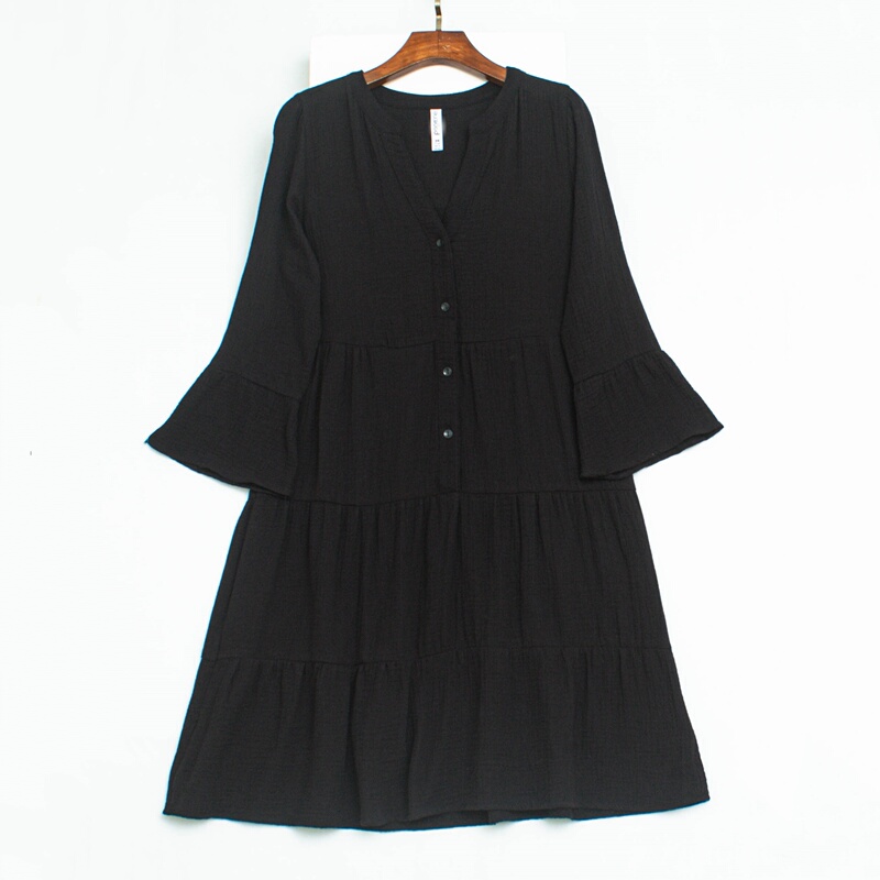 Foreign Trade Order Black V-Neck Bell-Sleeve Dress Women's Pure Cotton Patchwork Dress Loose Slimming Long Dress Foreign Trade Order Black V-Neck Bell-Sleeve Dress Women's Pure Cotton Patchwork Dress Loose Slimming Long Dress