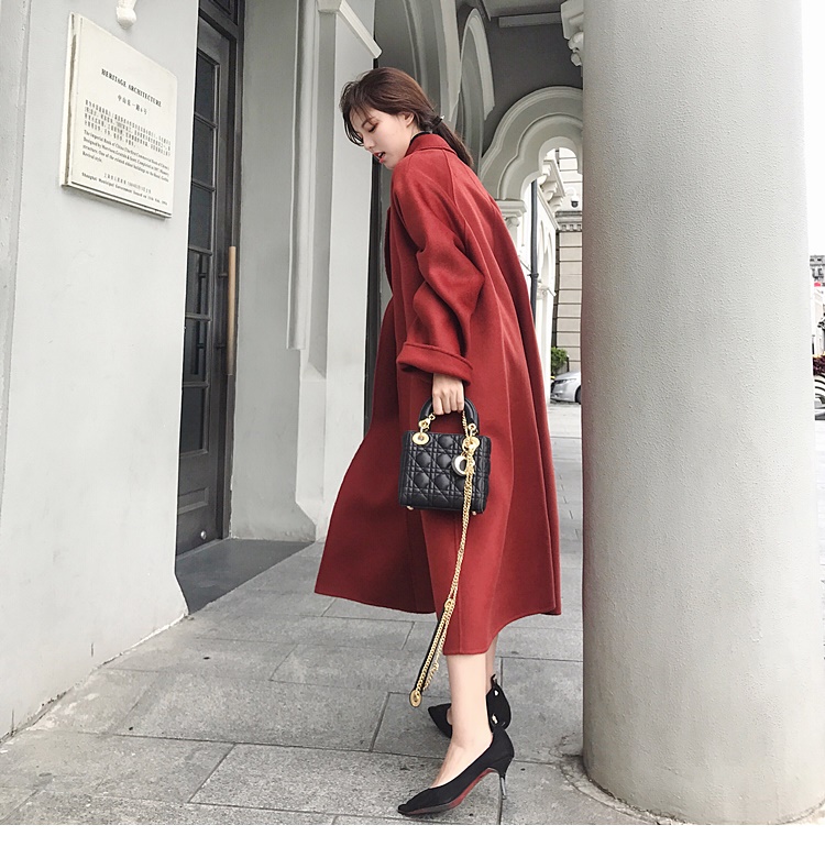 Kaye áo khoác len đỏ nữ mùa đông phong cách mới phần dài thắt lưng lỏng lẻo áo len nữ áo khoác dạ nữ hàn quốc cao cấp