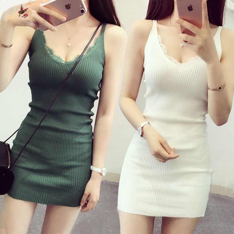 Korean Style Lace V-Neck Knitted Camisole Bodycon Skirt Sexy Tight-Fitting Outerwear Inner Wear Dress Short Skirt