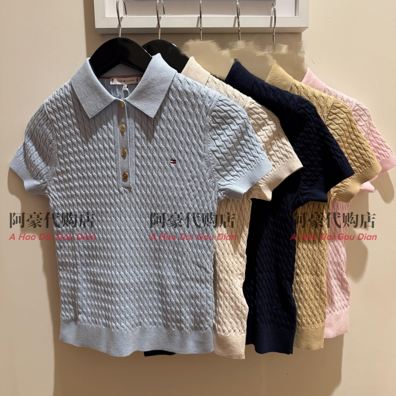 Tommy Hilfiger26 Spring and Summer New Women's Pure Cotton Cable-Knit Polo Collar Cable-Knit Sweater Ww50998