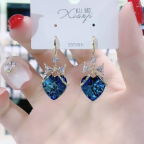 French niche design high temperament blue love crystal earrings peach-shaped zircon earbuds