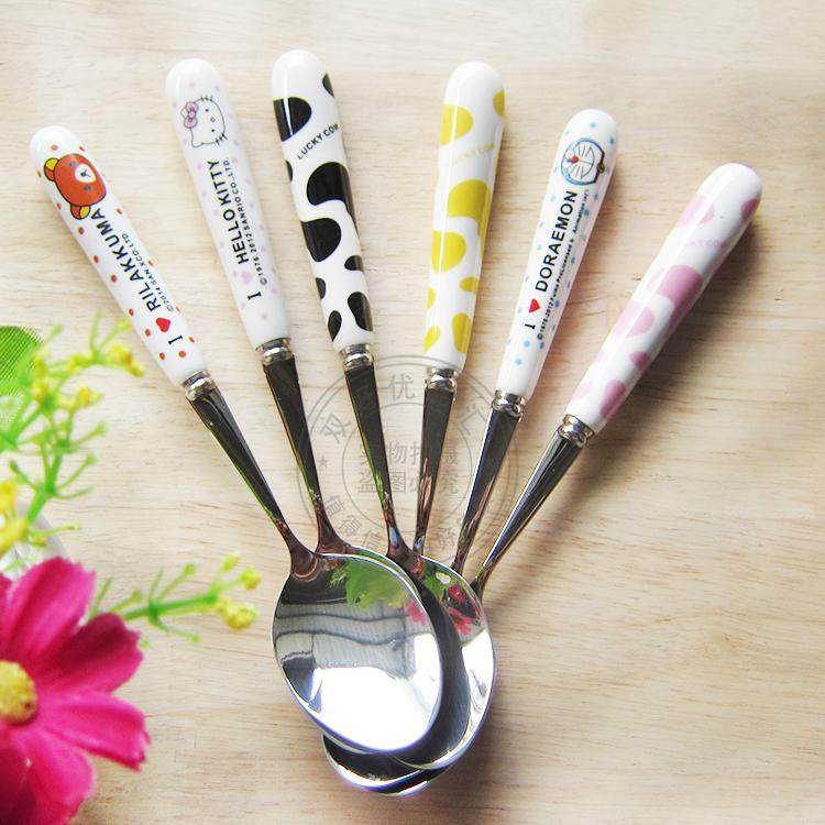 Gift 304 Stainless Steel Bone China Tip Spoon 19cm Ceramic Eating Spoon Cartoon Watermelon Dig Spoon Cutlery Spoon Cutlery