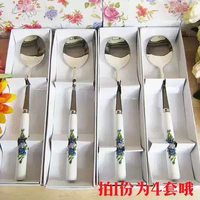 (4 sets)Ceramic festival blue and white porcelain tableware gift set Single-piece set Bone china stainless steel spoon gift box