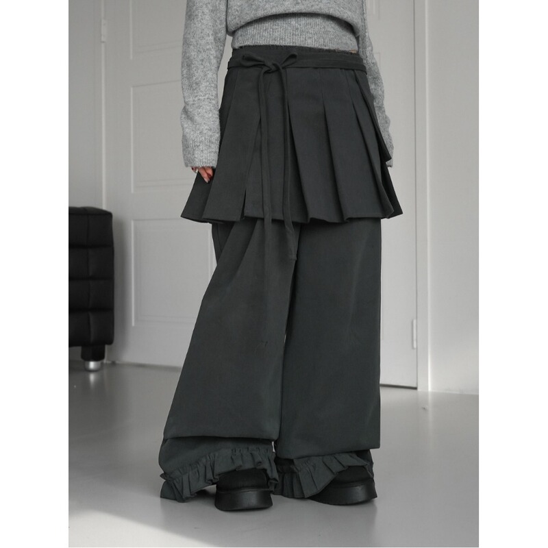 2026 Spring/Summer New Detachable Korean ins Pleated Skirt Tie Two-Piece Set with Lace Solid Color Long Pants and Short Skirt Trendy