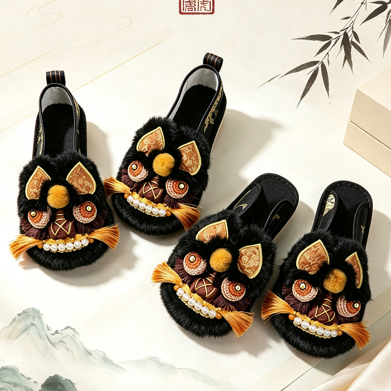 Thousand-Layer Sole'Bashan Night Rain' Intangible Cultural Heritage Handmade Tiger Head Shoes for Women, Adult Beijing Cloth Shoes, Handmade Sole Support Shoes, Black Gold