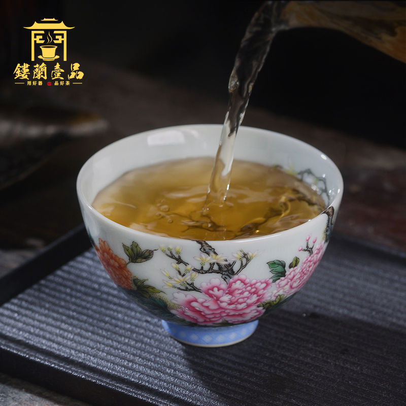 Jingdezhen ceramic all hand - made pastel wall peony master cup kung fu tea sample tea cup single cup tea cup