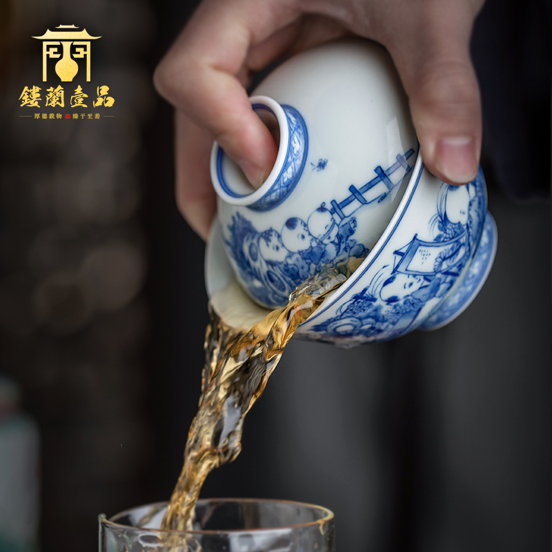 Jingdezhen ceramic hand - made lad of blue and white porcelain all three tureen large household kung fu tea tea bowl cups