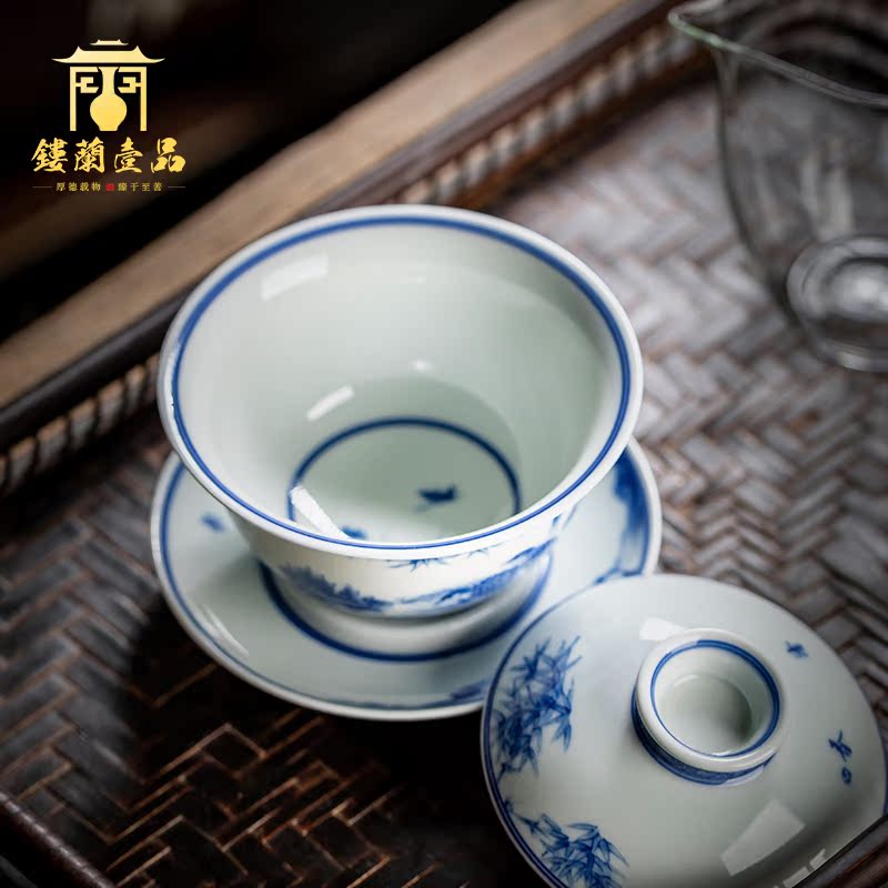 Jingdezhen blue and white maintain ceramic painting of flowers and three only a single large household kung fu tea tea bowl cups tureen