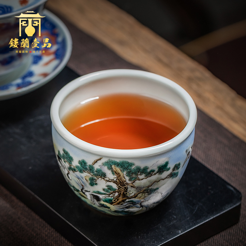 Jingdezhen ceramic pure hand draw pastel pine crane live master cup kung fu tea tea cup personal tea cups