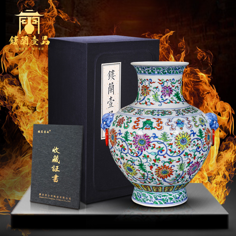 Jingdezhen ceramic dou lions ears flower arranging decorative vase sitting room of the new Chinese style household decorations collection furnishing articles