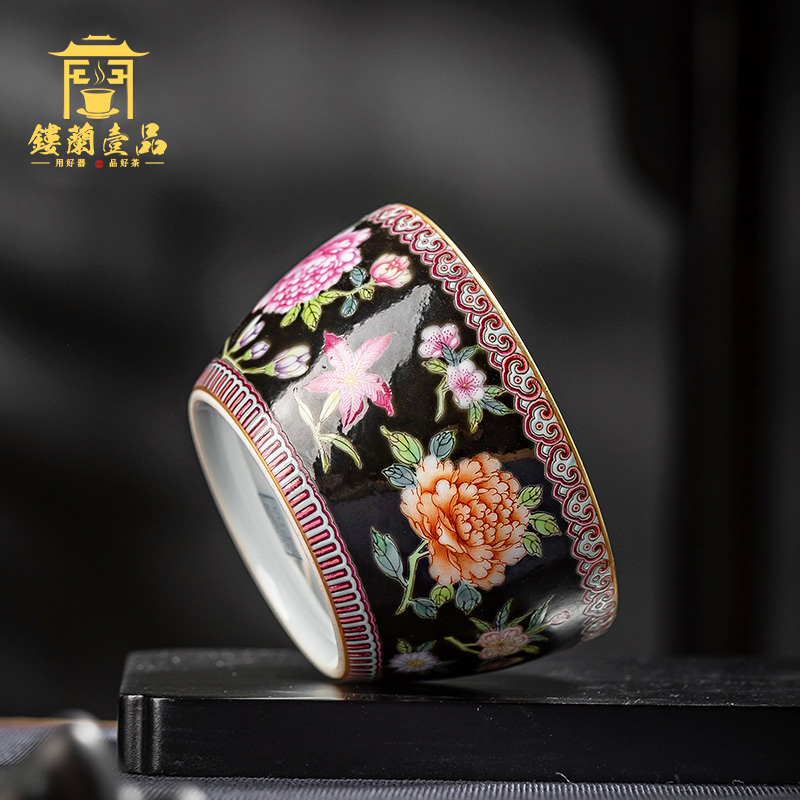 All hand pastel black flowers master single CPU jingdezhen ceramic kung fu tea set large sample tea cup tea bowl