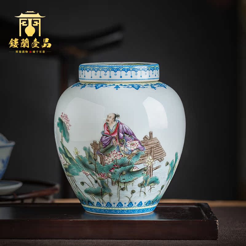 Jingdezhen ceramic all hand - made pastel oi - Lin pu 'er tea pot lid can receive storage of poetry collection of tea
