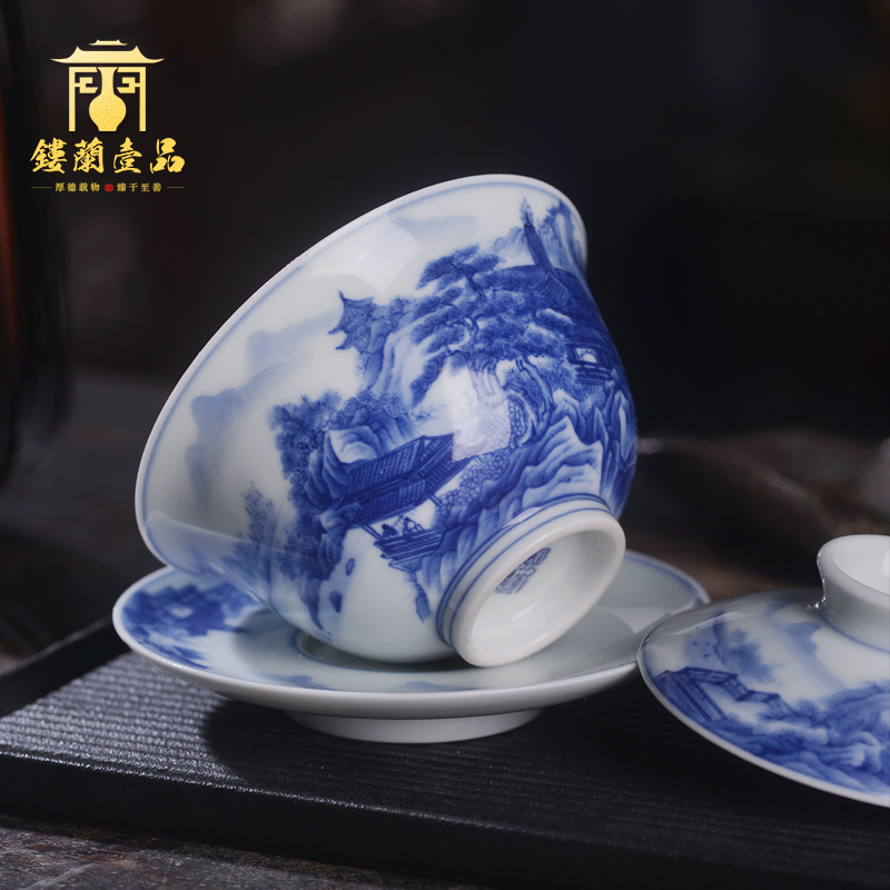 Arborist benevolence blue pavilions three only tureen jingdezhen ceramic hand - made kung fu tea bowl with cover a single