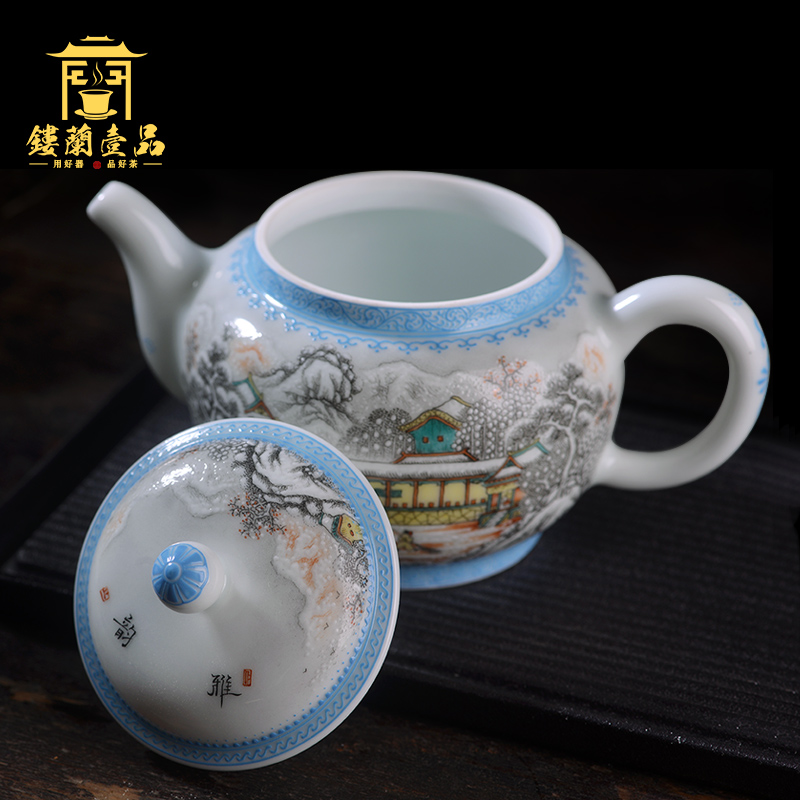 Jingdezhen ceramic whole drawing landscape expression teapot side powder color ink and kung fu tea tea, household single pot