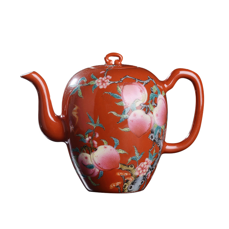 Jingdezhen ceramic all hand alum peach red paint powder enamel nine beauty shoulder pot kung fu tea teapot xi shi pot