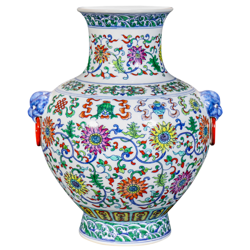Jingdezhen ceramic dou lions ears flower arranging decorative vase sitting room of the new Chinese style household decorations collection furnishing articles