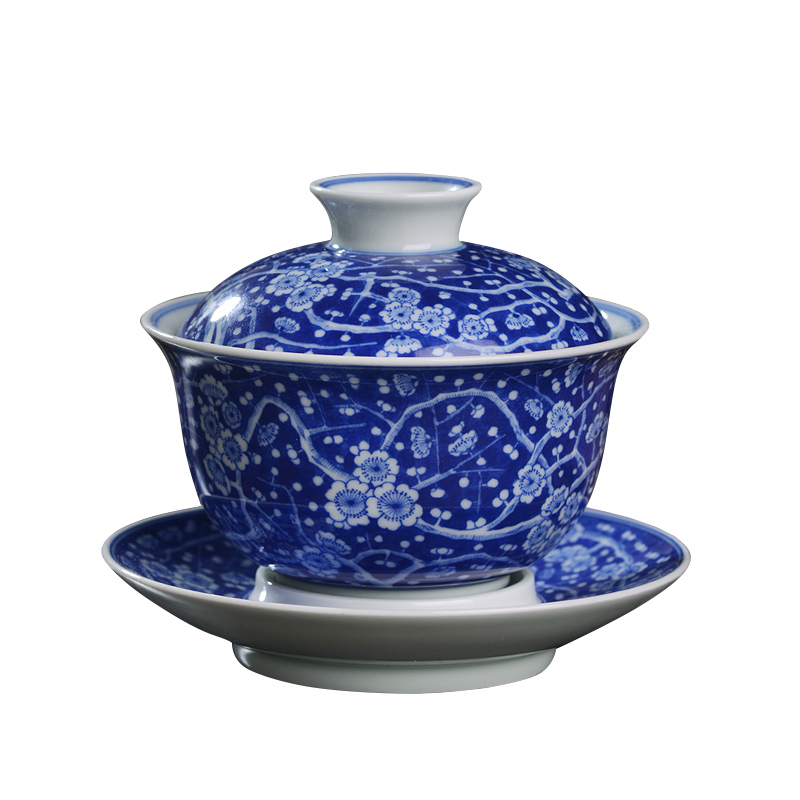 Jingdezhen ceramic hand - made blue ice may all three tureen single kung fu tea set suits for large tea bowl