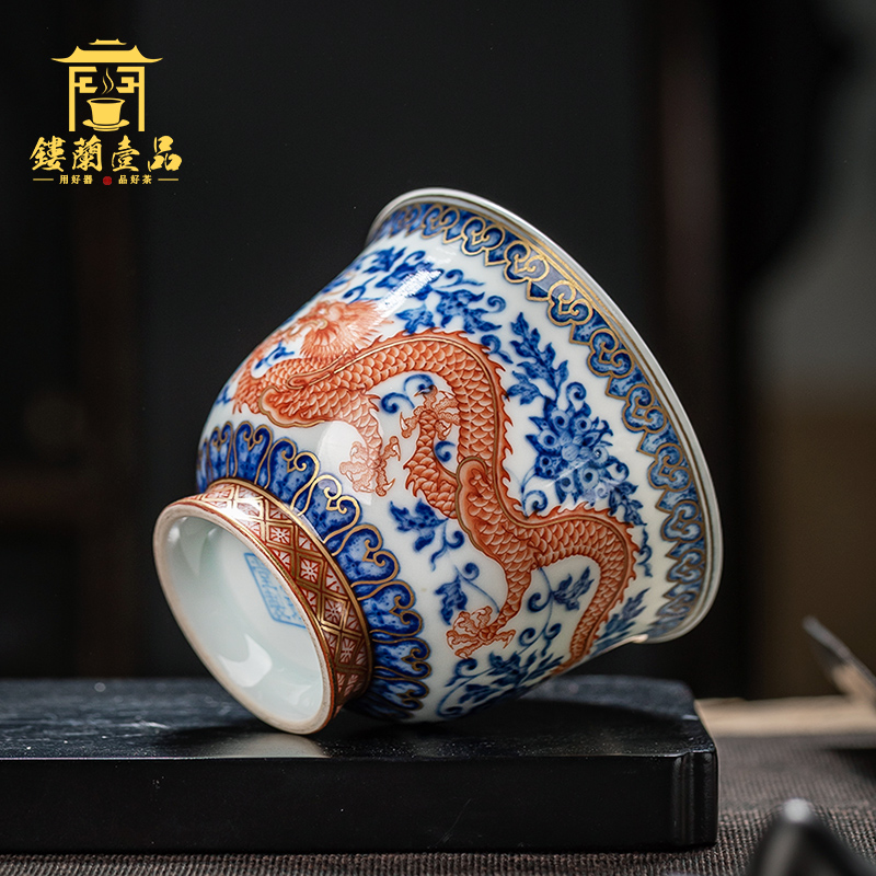 Pure manual blue tie up branch pipe sample tea cup jingdezhen ceramic dragon kung fu master cup single cup tea bowl