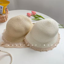 SASAs meatball sister baby hat Summer lace lace strap fisherman hat Cool hat sunshade sunscreen straw hat