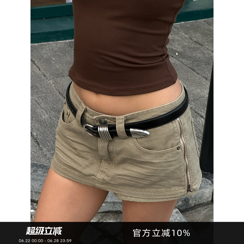 Gogoburn Retro Low-Waist Denim Skirt for Women, Summer Hot Girl Slim A-Line Skirt Pants, Fake Two-Piece Casual Shorts