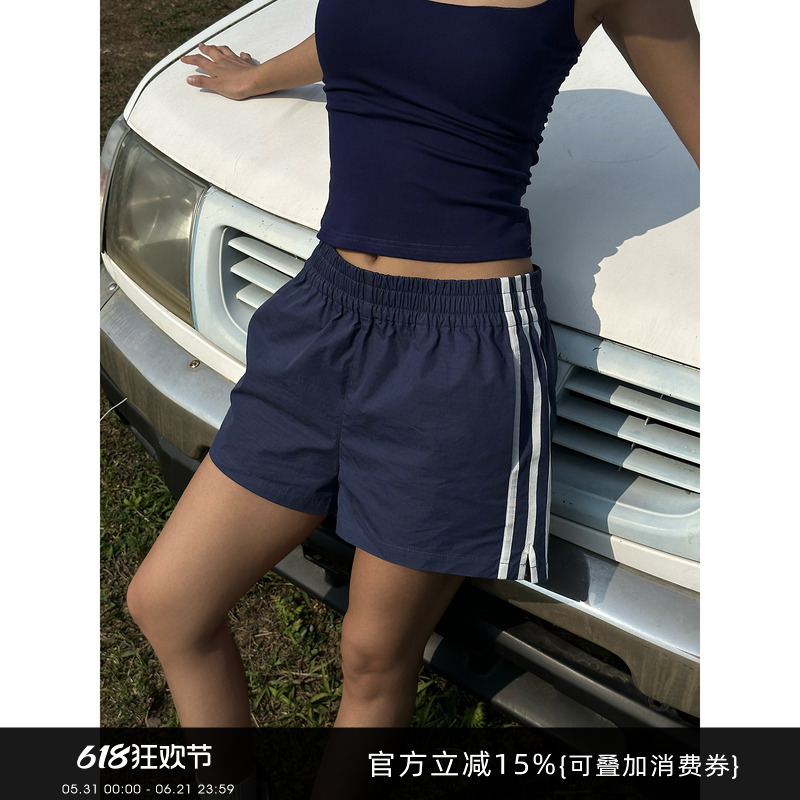 Gogo Burn Blue Three-Stripe Elastic Waist Casual Sports Shorts for Women 2025 Summer A-Line Straight Wide-Leg Pants Gogo Burn Blue Three-Stripe Elastic Waist Casual Sports Shorts for Women 2025 Summer A-Line Straight Wide-Leg Pants