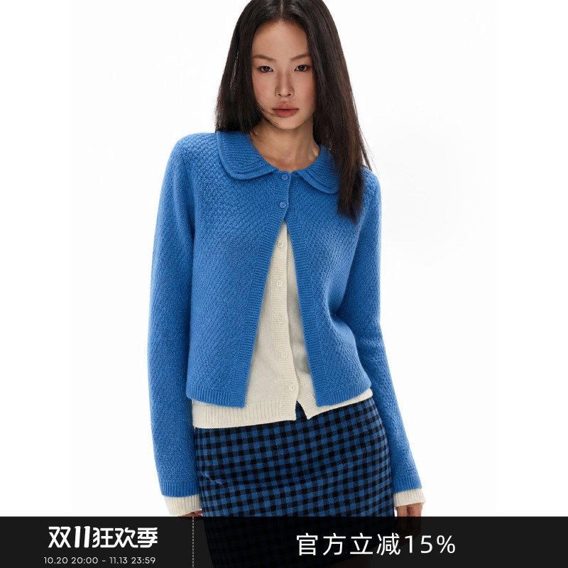 Gogo Burn American-Style Blue Fake Two-Piece Color-Blocked Lapel Long-Sleeve Knitted Cardigan for Women, New Autumn Top Gogo Burn American-Style Blue Fake Two-Piece Color-Blocked Lapel Long-Sleeve Knitted Cardigan for Women, New Autumn Top
