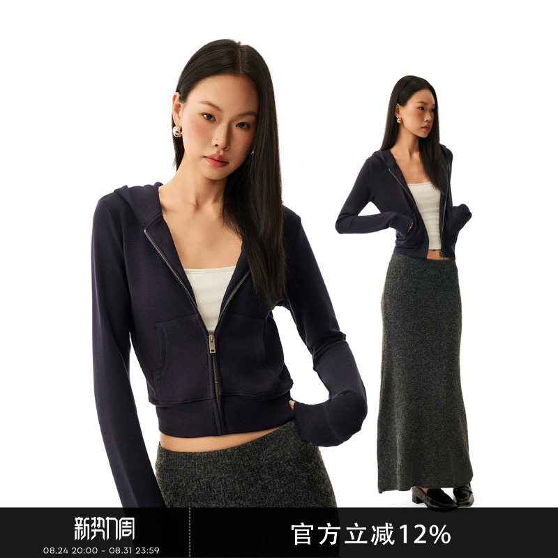 Gogo Burn Dark Blue Zipper Hooded Sweatshirt Jacket for Women 2026 Autum Slim Short Cardigan Top