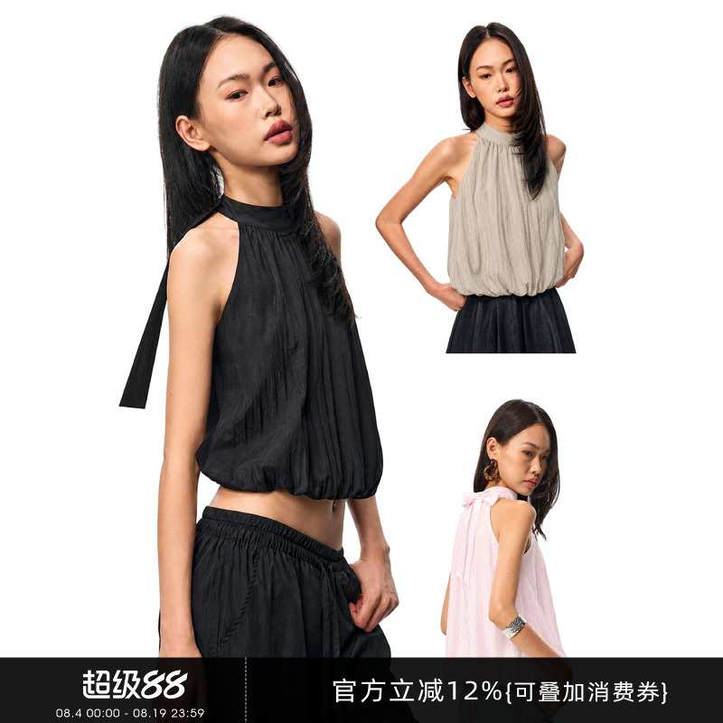 Gogo Burn Black Tencel Lightweight Lace-Up Halter Neck Sleeveless T-Shirt for Women, New Summer Style Puffy Flower Bud Top Gogo Burn Black Tencel Lightweight Lace-Up Halter Neck Sleeveless T-Shirt for Women, New Summer Style Puffy Flower Bud Top