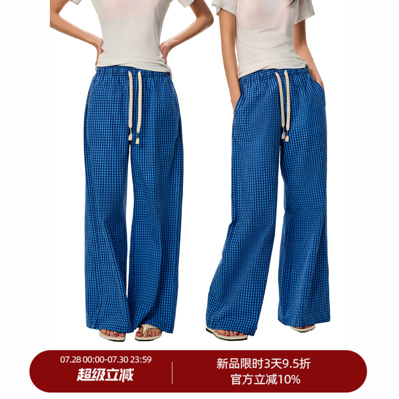 Gogo Burn Low-Waist Retro Blue Plaid Wide-Leg Casual Pants for Women Early Autumn New Style Relaxed Lazy Style Pants Gogo Burn Low-Waist Retro Blue Plaid Wide-Leg Casual Pants for Women Early Autumn New Style Relaxed Lazy Style Pants