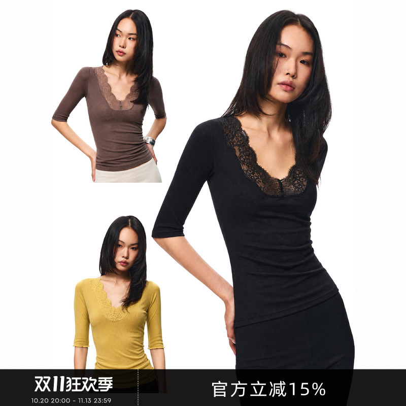 Gogo Burn American-Style V-Neck Lace-Trimmed Mid-Sleeve T-Shirt for Women, New Autumn Slim-Fit Waist-Cinching Casual Top