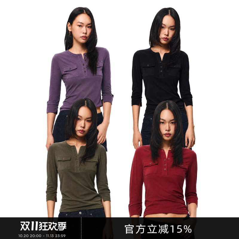Gogo Burn Olive Green Henry Collar Three-Quarter Sleeve T-Shirt for Women, New Autumn Style, Waist-Cinching Basic American-Style Top