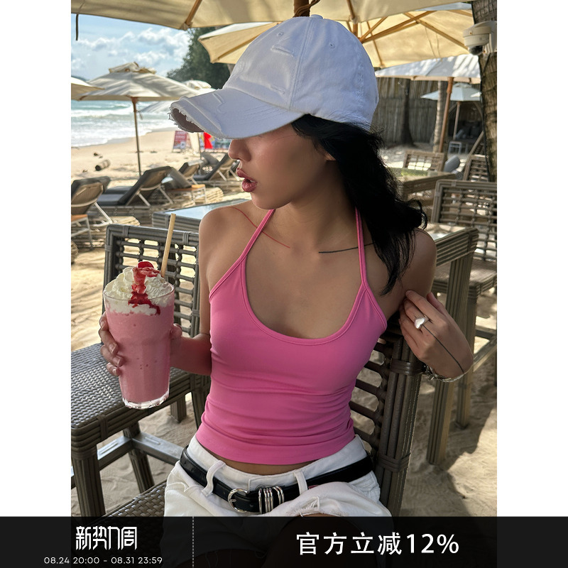 Gogoburn American Style Hot Girl Pink Halter Neck Camisole Women's 2026 Summer Sexy Outerwear Inner Wear Short Top Gogoburn American Style Hot Girl Pink Halter Neck Camisole Women's 2026 Summer Sexy Outerwear Inner Wear Short Top