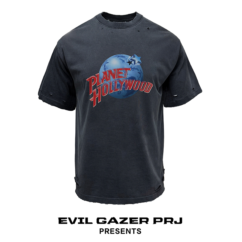 Evil Gazer Retro Distressed Newvintage Earth Print Bajia Gray Ripped Loose Short-Sleeved T-Shirt for Men