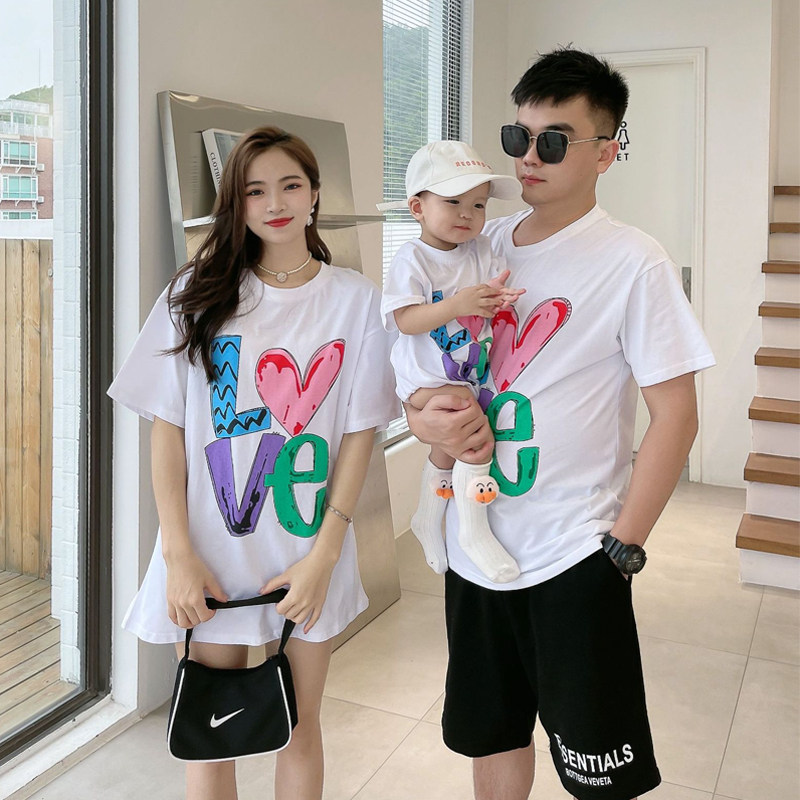 High-end fried street parent-child dress mother and son summer new trendy family of three mother and daughter bow family short-sleeved T-shirt