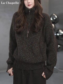 La chapelle's lazy, high-end heavy-duty half-zip floral yarn sweater for women in spring, autumn and winter, loose knitted sweater