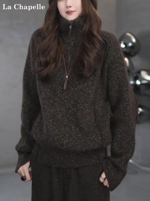 La Chapelle's lazy, high-end heavy-duty half-zip floral yarn sweater for women in spring, autumn and winter, loose knitted sweater