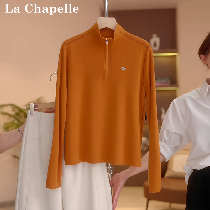 La Chapelle's Lazy and High-End Style Hermès Orange Sweater for Women, Spring, Autumn, and Winter, with a Draping Effect, Half-Zip Knitwear, Base Layer