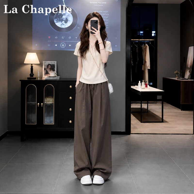 La Chapelle Casual Sports Suit for Women, Summer 2026 New Fashion Korean Style Loose Apricot Short-Sleeved Wide-Leg Pants