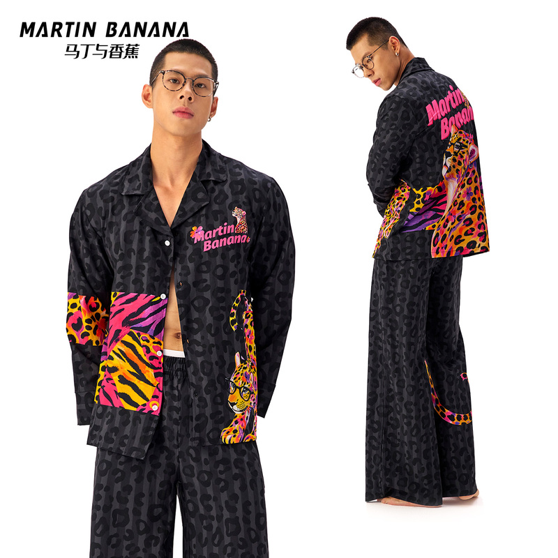 Martin and Banana Men's Long-Sleeved Pajamas, Loungewear, Loose Wide-Leg Leopard Print Set, Dark Original Leopard Print