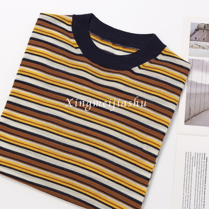 Pa Sweet and Cool Retro Style! Versatile and Elegant! American-Style Color-Blocked Striped Comfortable and Lightweight Cashmere Short-Sleeve Knit Top for Women Pa Sweet and Cool Retro Style! Versatile and Elegant! American-Style Color-Blocked Striped Comfortable and Lightweight Cashmere Short-Sleeve Knit Top for Women