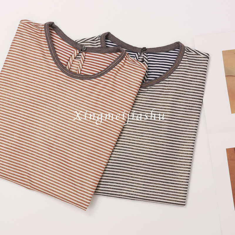 B//C Italian Style! Low-Key Old Money! Unique and Versatile, Striped Crew Neck Short-Sleeve T-Shirt with a Beaded Collar Design B//C Italian Style! Low-Key Old Money! Unique and Versatile, Striped Crew Neck Short-Sleeve T-Shirt with a Beaded Collar Design