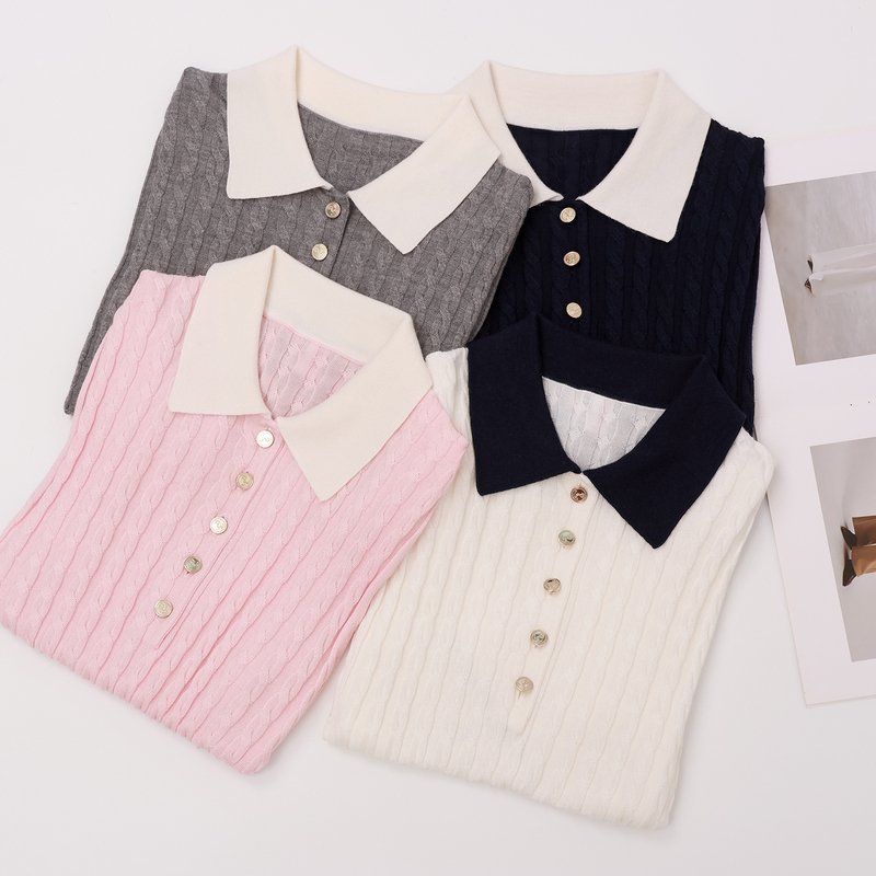 Academy Style! Age-Reducing and Versatile! Lightweight and Comfortable! Color-Blocked Polo Collar Cable Knit Short-Sleeved Sweater for Women