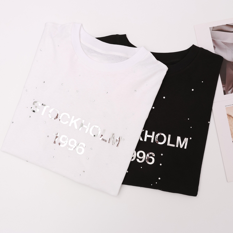 A//C Limited Edition! Sparkling Starry Sky 1996 Mirror Letter Rhinestone Loose and Relaxed Cotton Linen Long-Sleeve T-Shirt for Women
