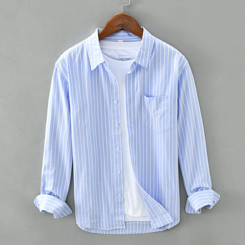 Spring and Autumn Loose Casual Shirt for Men, Striped Slim-Fit Base Layer, Pure Cotton Long-Sleeve Breathable Versatile Work Shirt