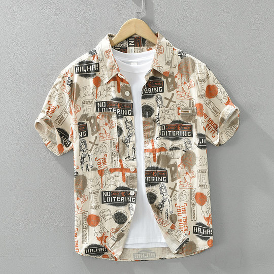 Summer Japanese personalized printed short-sleeved shirt for men, fashionable and versatile, casual, artistic, beach loose cotton top